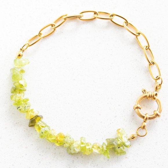Bracelet Green Peridot Gemstone Bracelet with Gold Chunky Paperclip Chain - Picture 1 of 9